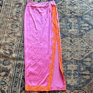 SKIMS Pink Maxi Slip Skirt with Orange Lace Side Panel